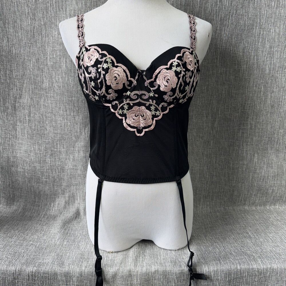 Gilligan O'Malley Bustier Corset Top 36C Black Pink Floral Embroidered Garter